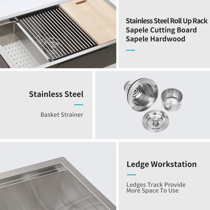 32" Undermount Kitchen Sink Brushed Nickel 16 Gauge Stainless Steel Single Bowl With Ledge Workstation, 32 X 19 X 9 Inch by HouseOfZazla