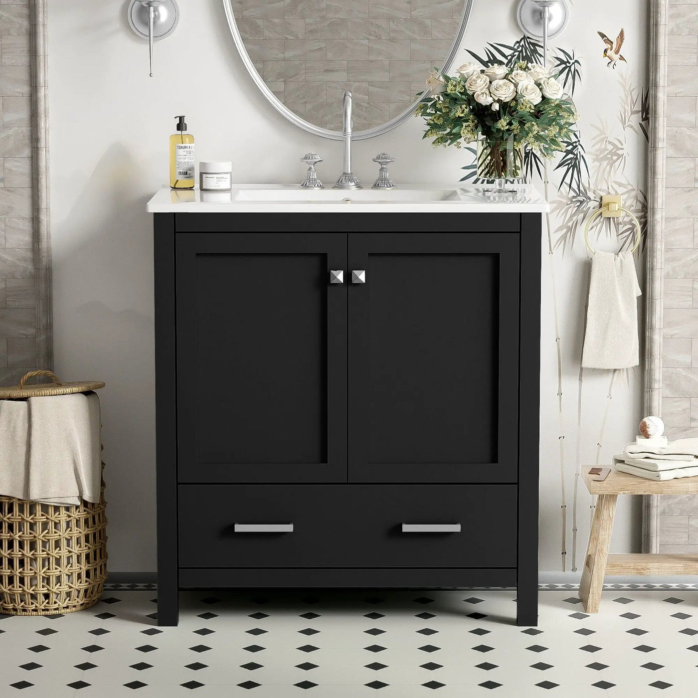 Bathroom Vanity With Single Sink, Combo Cabinet Undermount Sink, Bathroom Storage Cabinet With Two Doors And A Drawer, Soft Closing, Multifunctional Storage, Solid Wood Frame by Unique Piece Furniture
