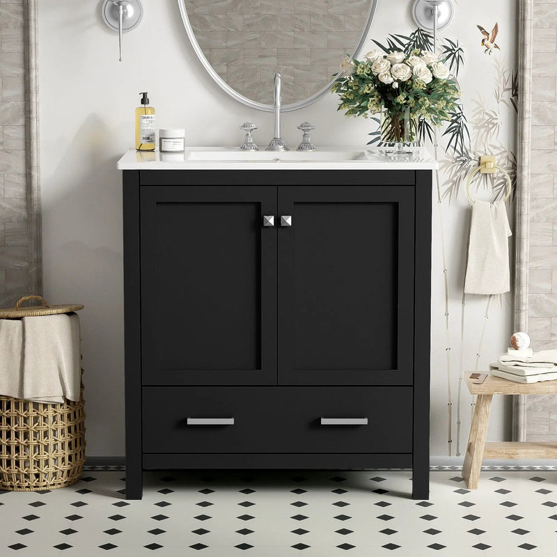 Bathroom Vanity With Single Sink, Combo Cabinet Undermount Sink, Bathroom Storage Cabinet With Two Doors And A Drawer, Soft Closing, Multifunctional Storage, Solid Wood Frame by Unique Piece Furniture