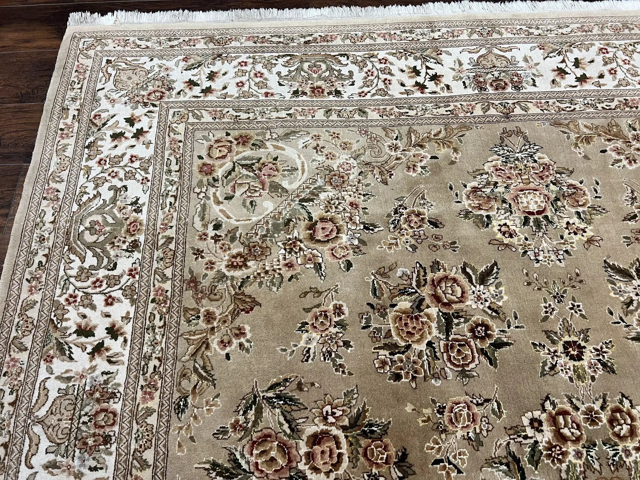 Sino Persian Rug 8x10, Soft Wool, Silk Highlights, Hand Knotted Vintage Carpet, Taupe & Ivory, Floral, Traditional Rug 8 x 10 by Jewel Rugs