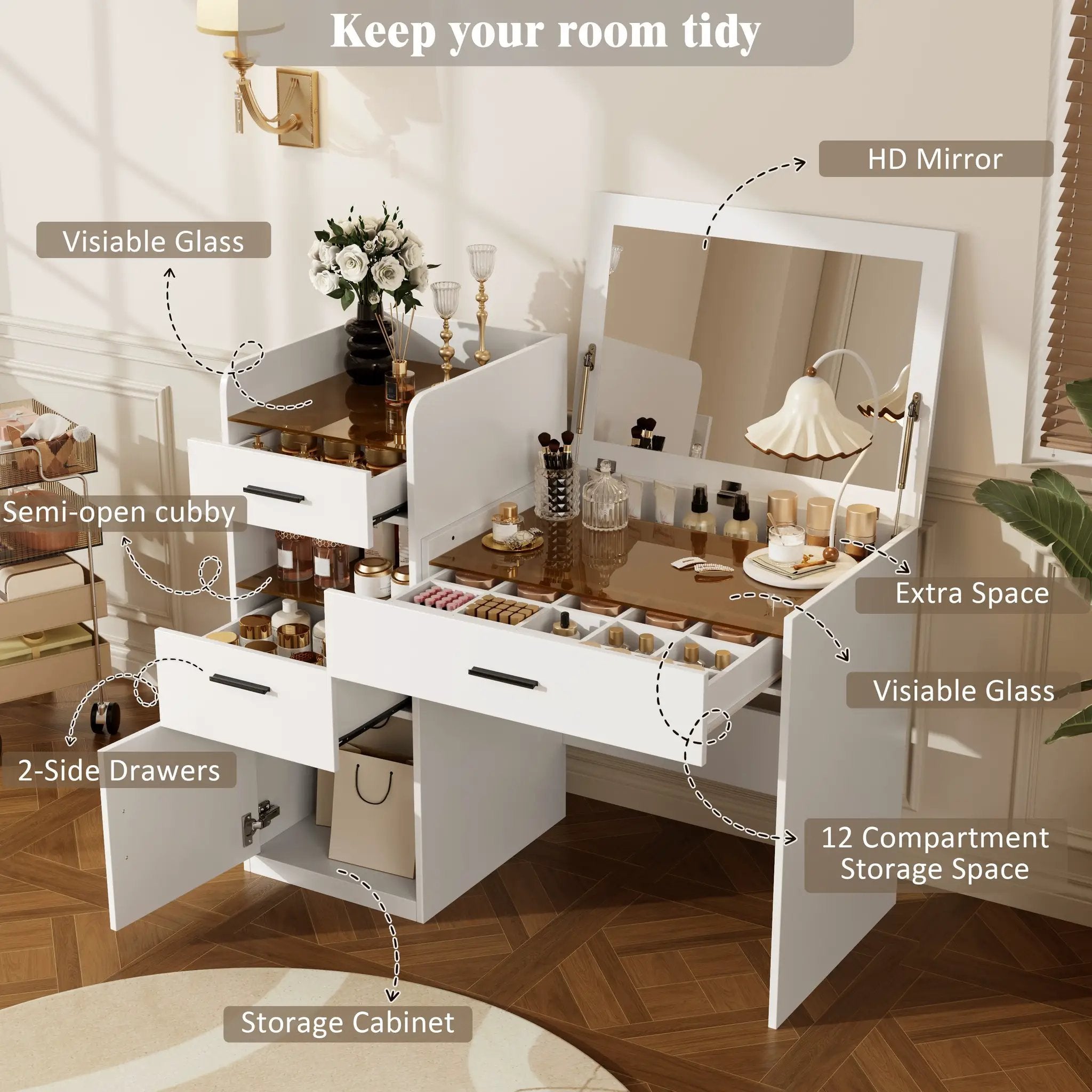3-in-1 Vanity Desk with Flip Top Mirror, Glass Top Compact Makeup Vanity & Hidden Storage by HouseOfZazla