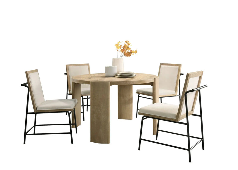 Bowen - Round Dining Table With Cream Color Upholstered Chairs (Set of 5) - Oak Finish by Unique Piece Furniture
