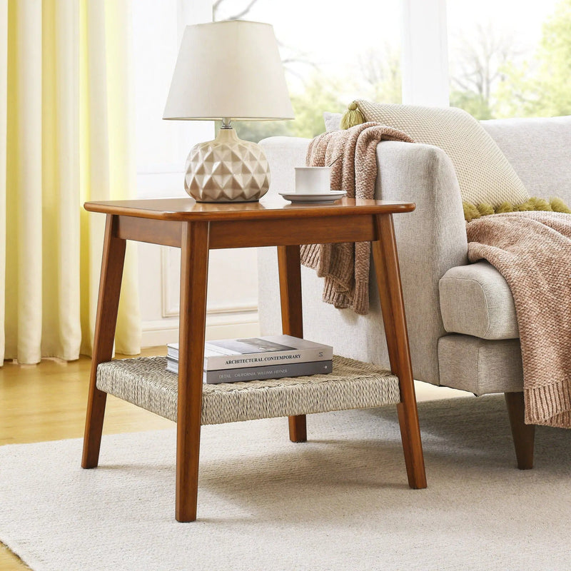 Mid - Century Square Side Table With Woven Shelf - Walnut by HouseOfZazla