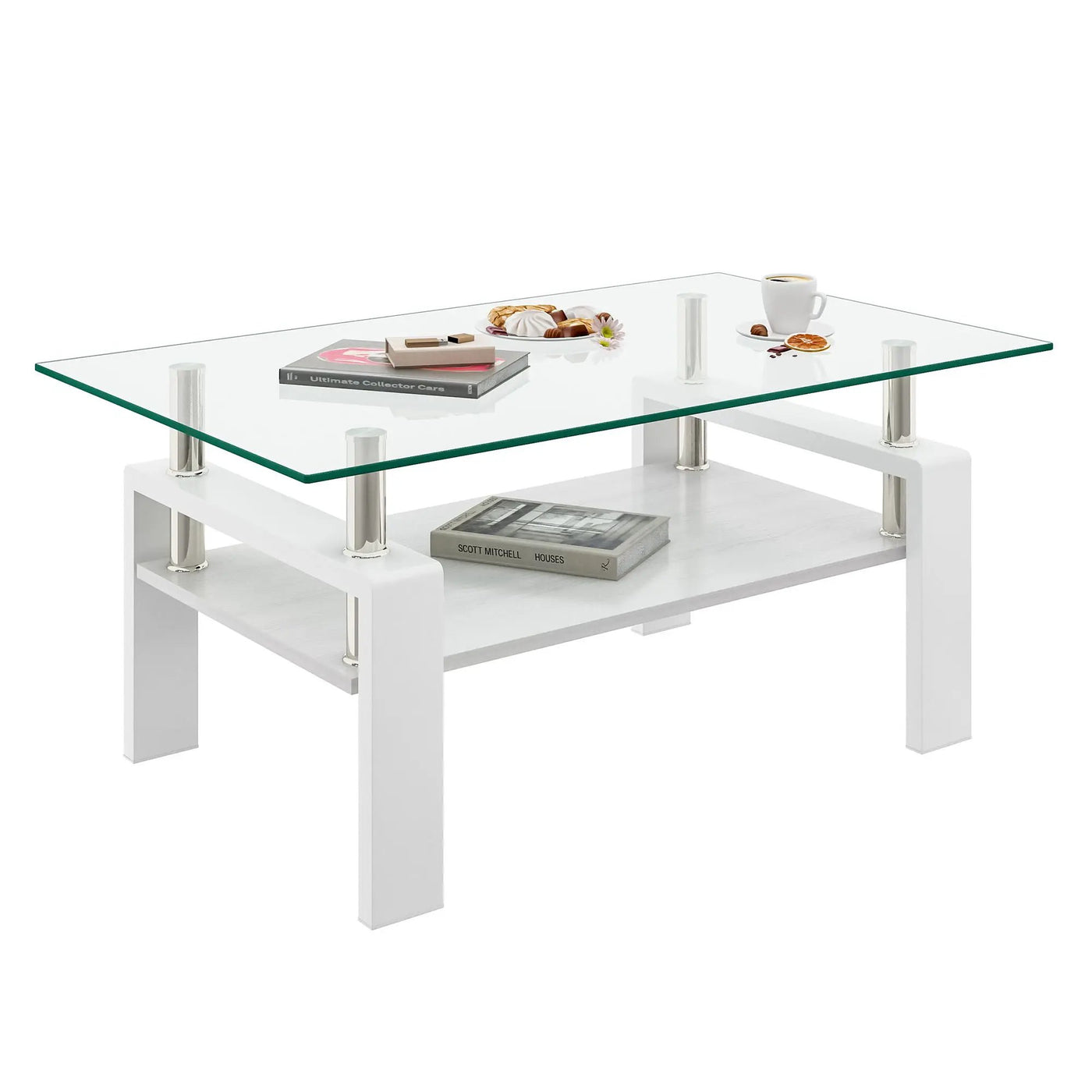 Modern Rectangular Coffee Table With Tempered Transparent Glass Top And Storage Shelf by HouseOfZazla