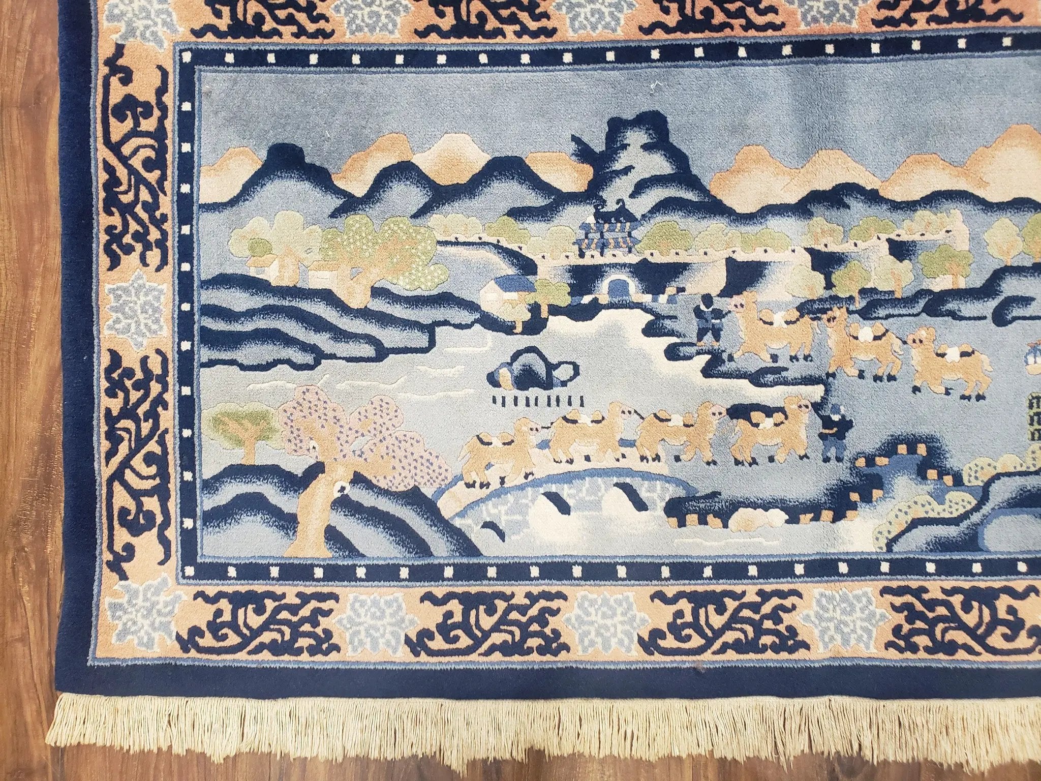 Vintage Chinese Pictorial Rug 2'4" x 4' 7", Chinese Village, Wool Hand-Knotted Blue & Teal Fine Carpet, Tapestry Rug, Woven Wall Art by Jewel Rugs