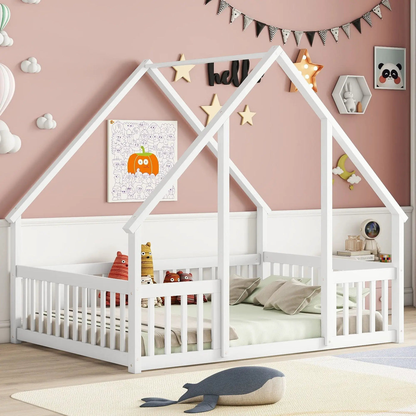 Wood House-Shaped Floor Bed With Fence, Guardrails by Unique Piece Furniture
