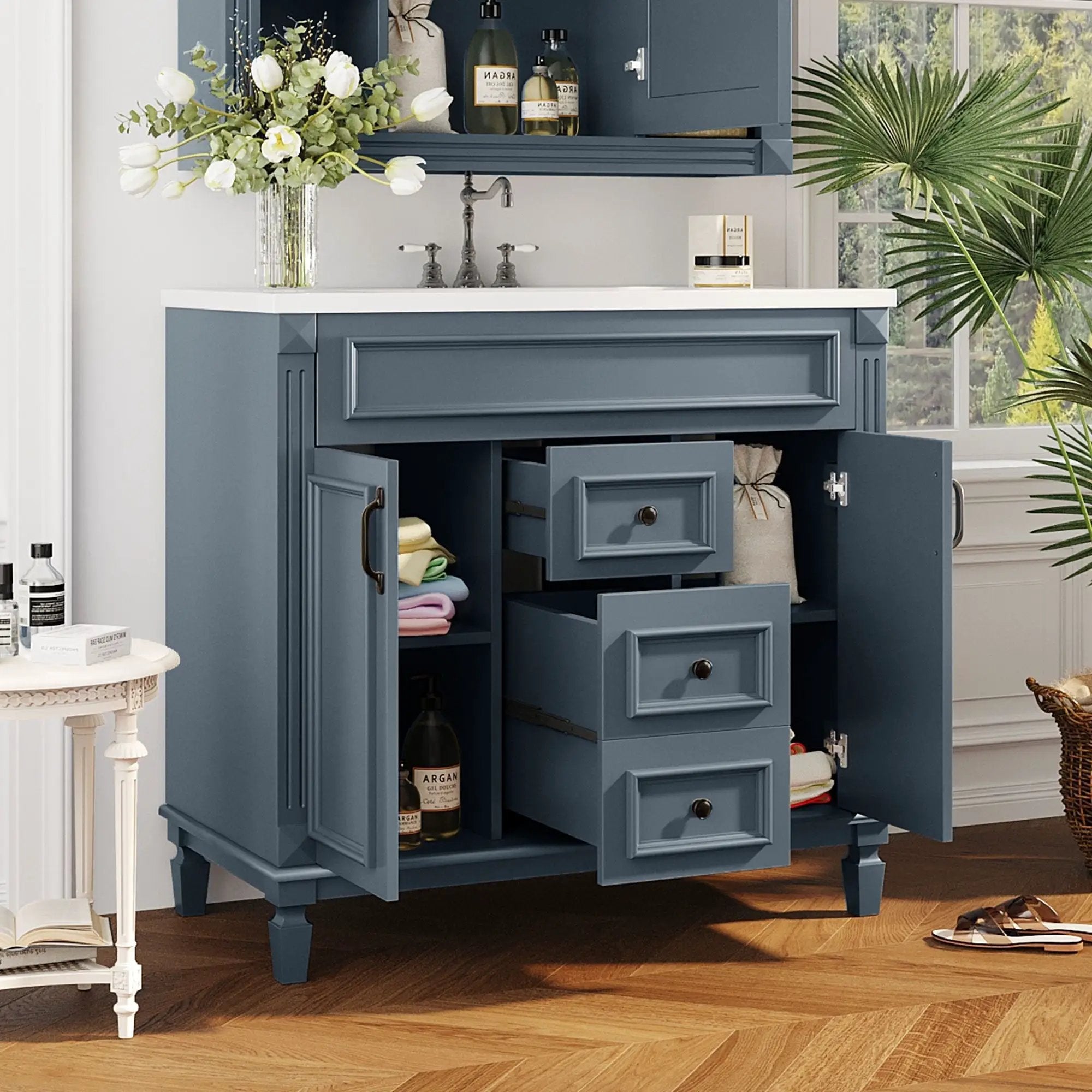 36" Bathroom Vanity With Top Sink, Basin On Cabinet With 2 Soft Closing Doors And 2 Drawers - Blue by Unique Piece Furniture