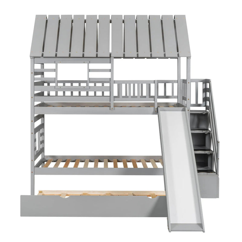House Bunk Bed With Trundle, Storage Staircase, Roof And Window Design by Unique Piece Furniture