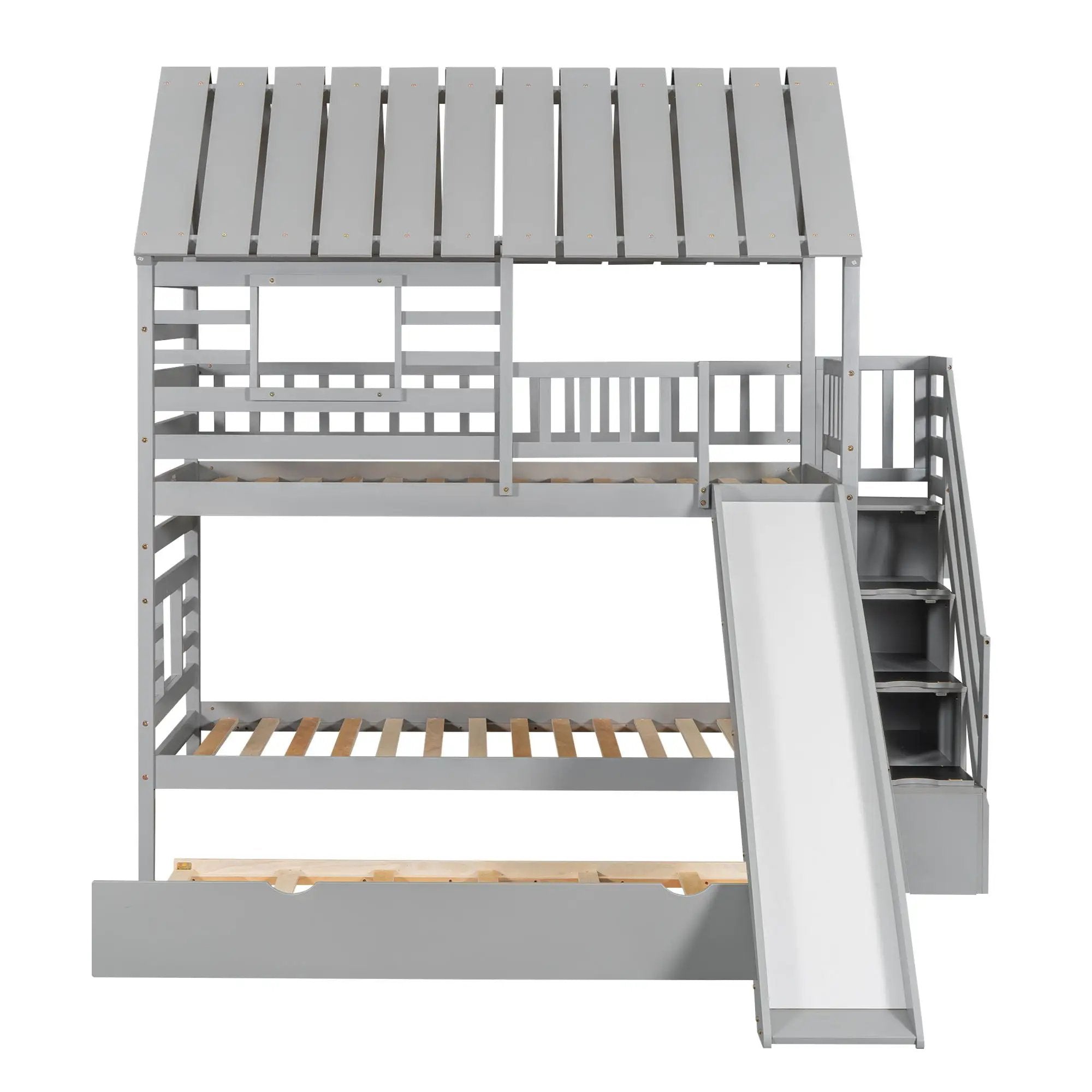 House Bunk Bed With Trundle, Storage Staircase, Roof And Window Design by HouseOfZazla