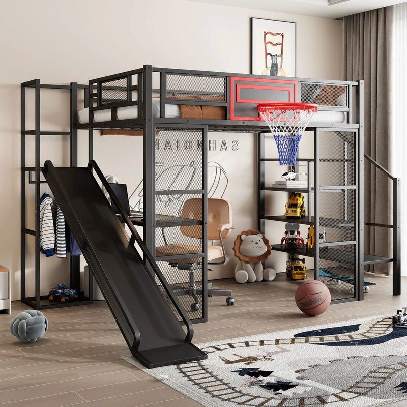 Loft Bed With Built In Desk, Open Wardrobe, Basketball Hoop, Slide And Staircase by Unique Piece Furniture