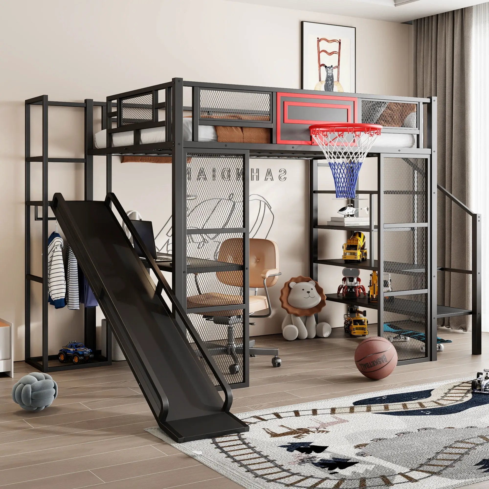 Loft Bed With Built In Desk, Open Wardrobe, Basketball Hoop, Slide And Staircase by Unique Piece Furniture