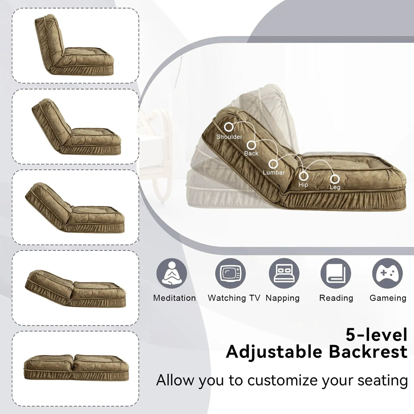 Upholstered Human Dog Bed And Pets, Bean Bag Floor Sofa With Massage Pillow, 5 Adjustable Positions & 2 Soft Pillows by Unique Piece Furniture