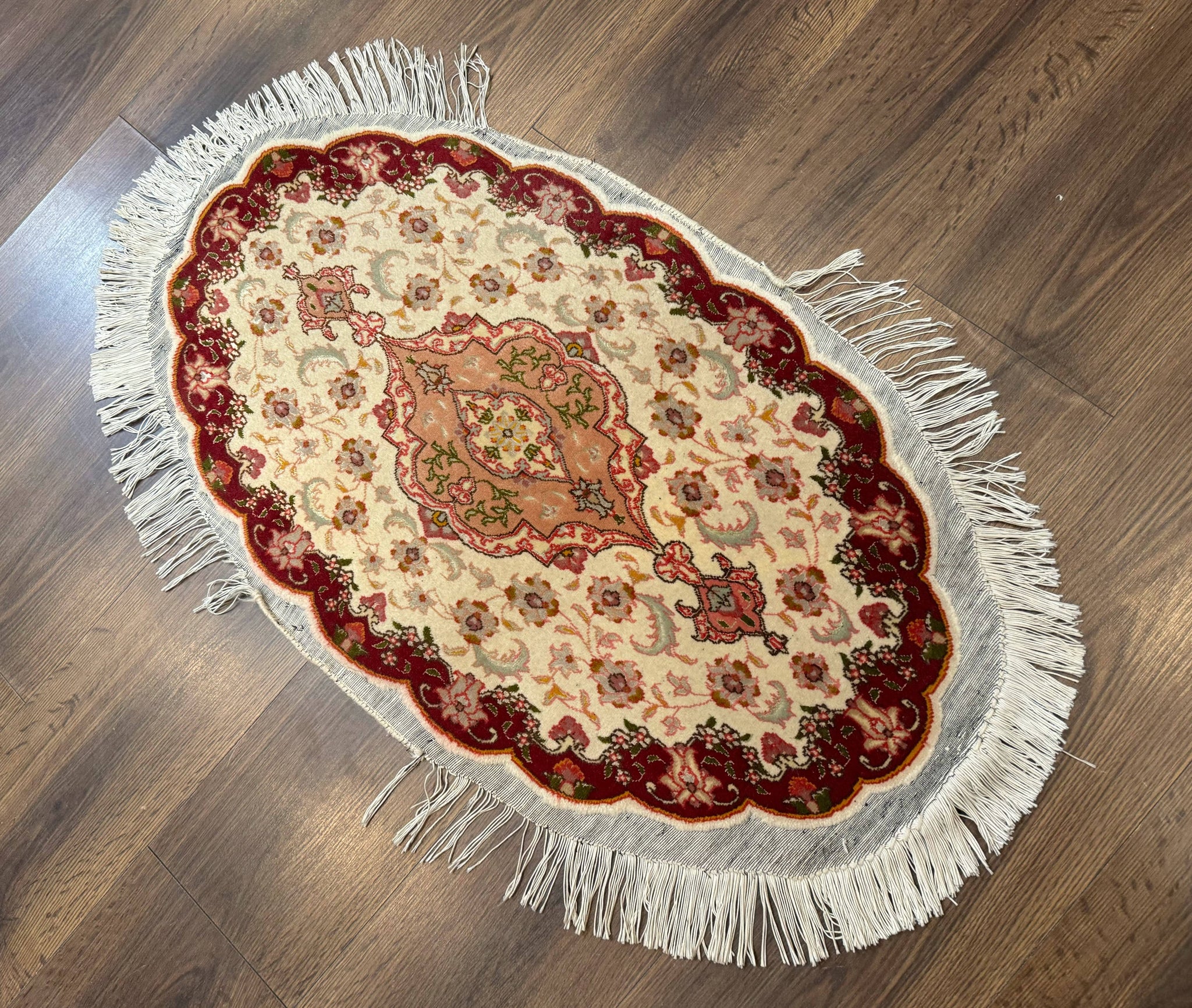 Small Oval Persian Tabriz Rug 2x4, Kork Wool and Silk Highlights, Fine 260 KPSI by Jewel Rugs