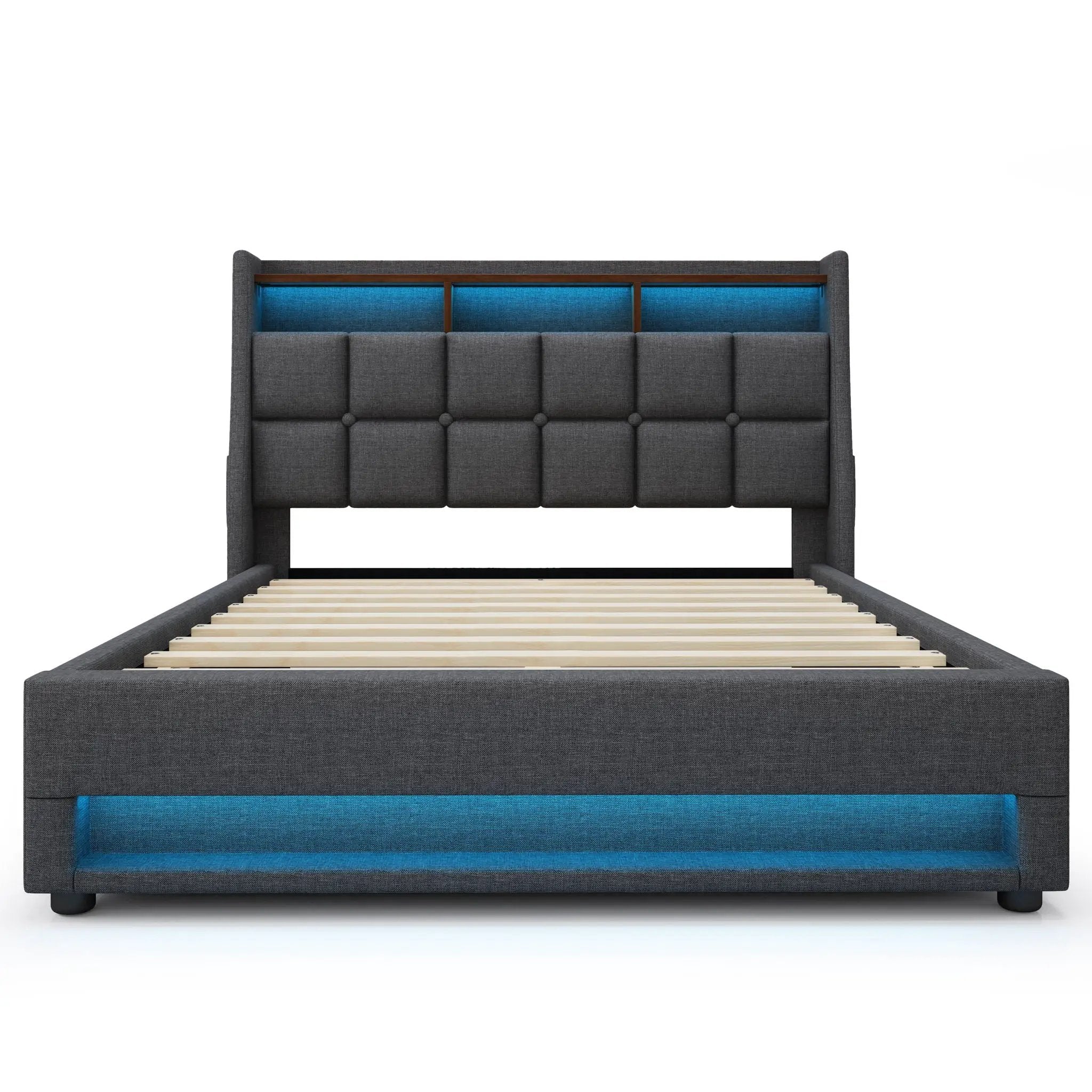 Platform Bed With Hydraulic Storage, LED Lighting & Charging Station by HouseOfZazla