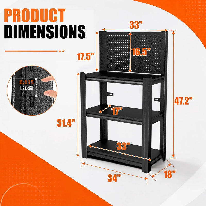 3-Tier Heavy-Duty Metal Storage Shelving Unit with Pegboard by HouseOfZazla