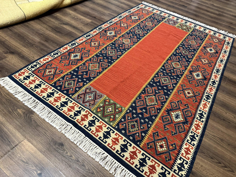 Turkish Kilim Rug 5x8, Flatweave Carpet, Handmade Bohemian Rug, Terracotta and Navy Blue by Jewel Rugs