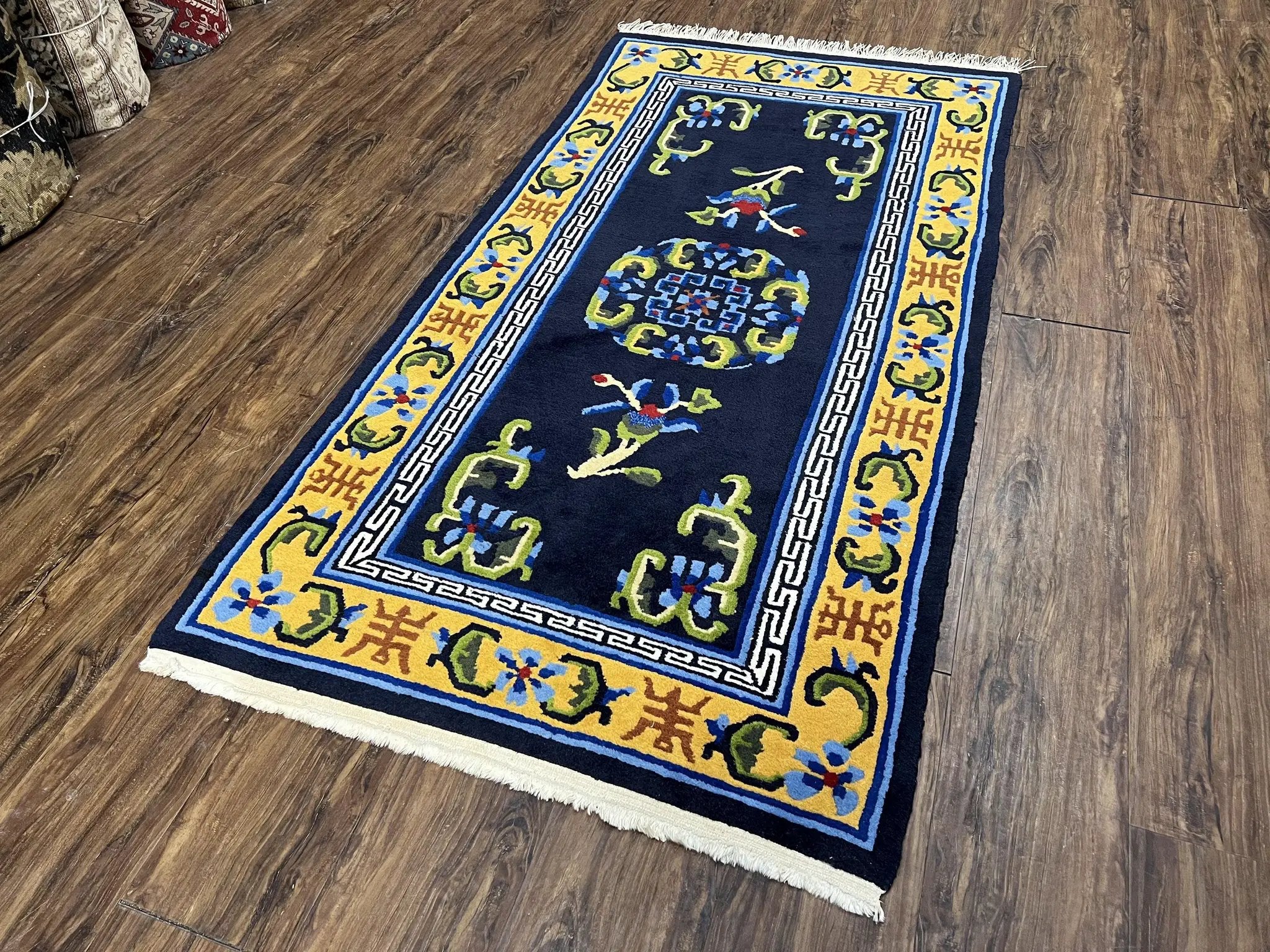 Chinese Art Deco Rug 3 x 5.9, Handmade Chinese Peking Carpet, Dark Blue and Gold, Medallion, Asian Oriental 3x6 Hand Knotted Vintage Rug by Jewel Rugs