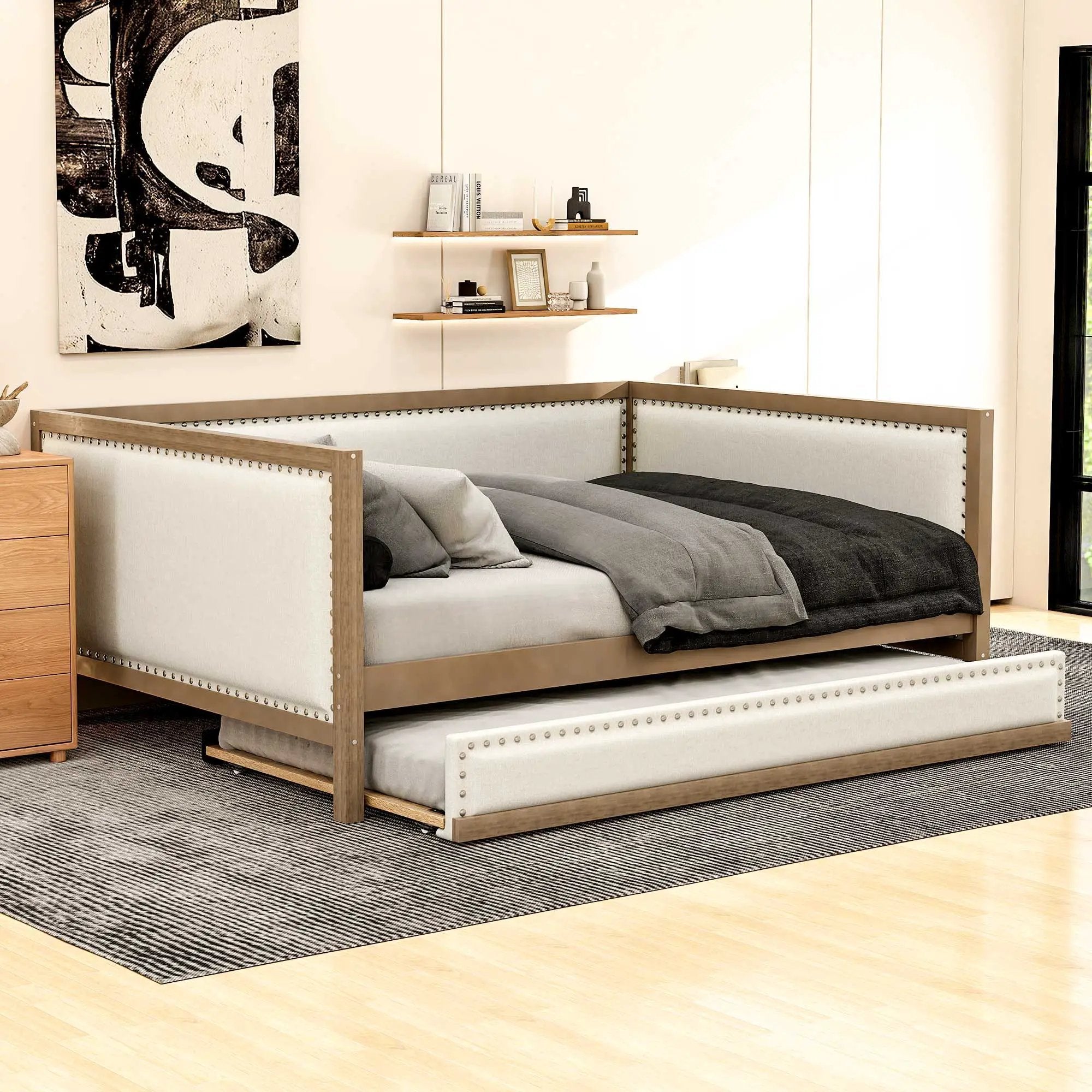Full Size Daybed With Trundle And Nailhead Decoration - Wood by Unique Piece Furniture