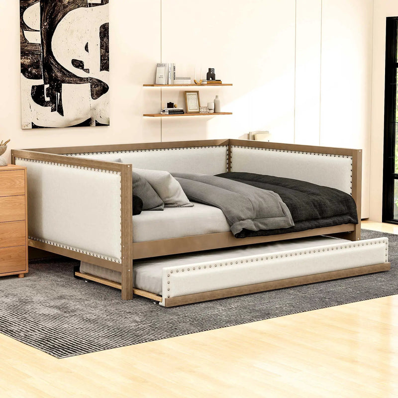 Full Size Daybed With Trundle And Nailhead Decoration - Wood by Unique Piece Furniture