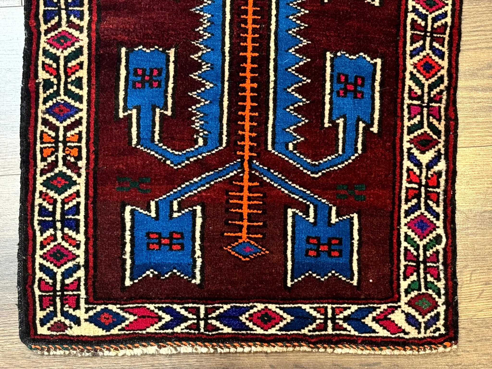 Persian Tribal Rug 1.8 x 2, Small Balouchi Rug, Unique Design, Burgundy and Blue by Jewel Rugs