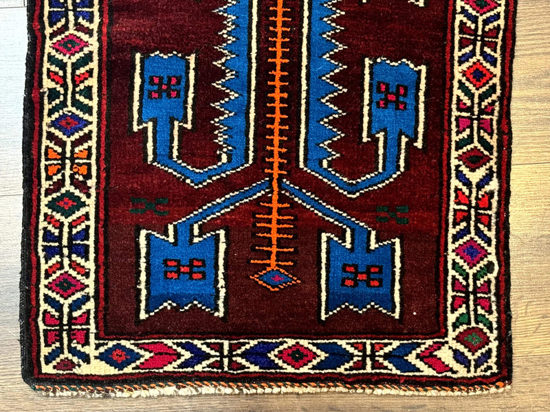 Persian Tribal Rug 1.8 x 2, Small Balouchi Rug, Unique Design, Burgundy and Blue by Jewel Rugs