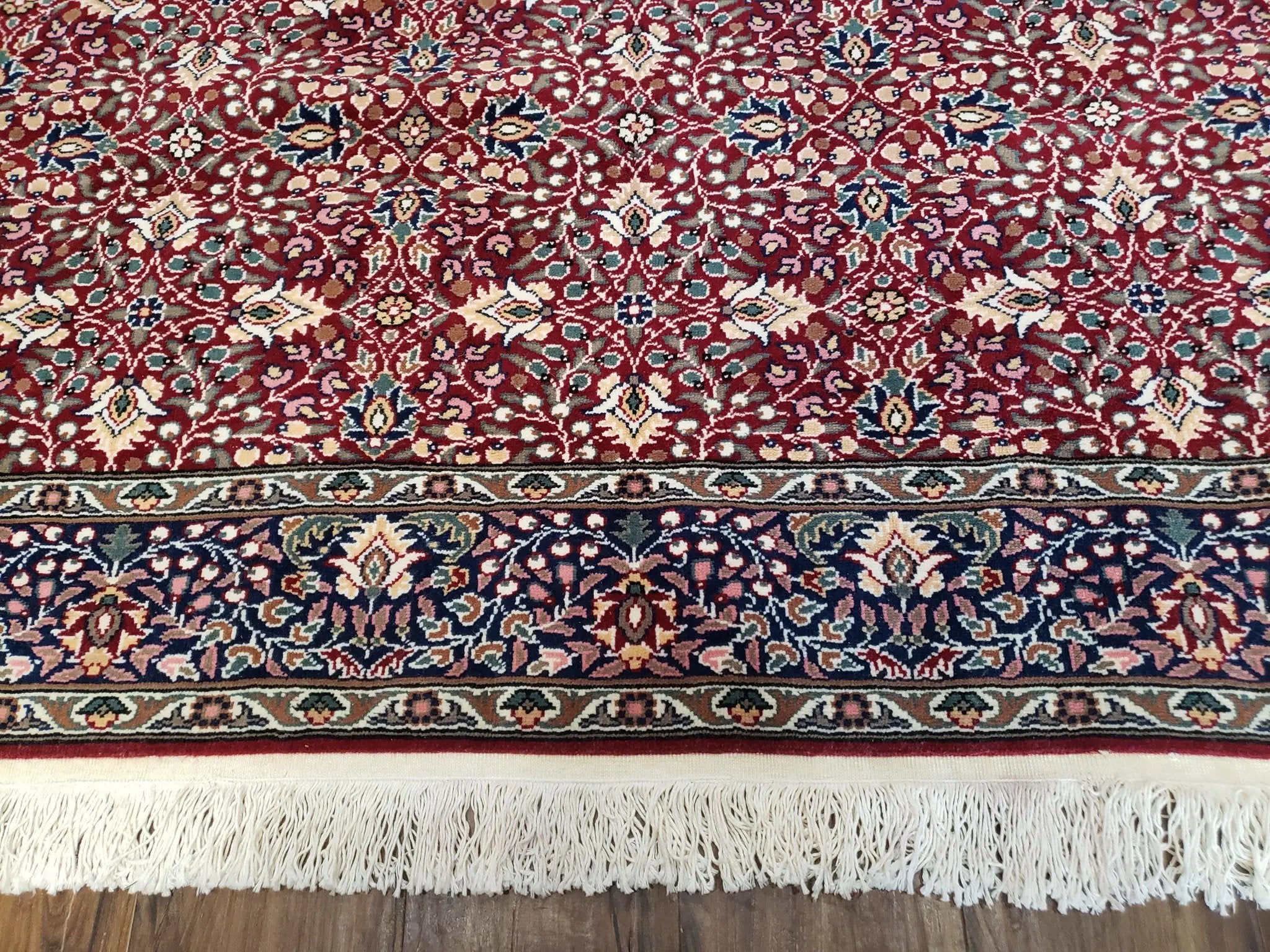 Vintage Turkish Sivas Area Rug 6.5 x 9.5, Wool Hand-Knotted Red & Midnight Blue Allover Floral Pattern Oriental Carpet, 6x9 Traditional Rug by Jewel Rugs