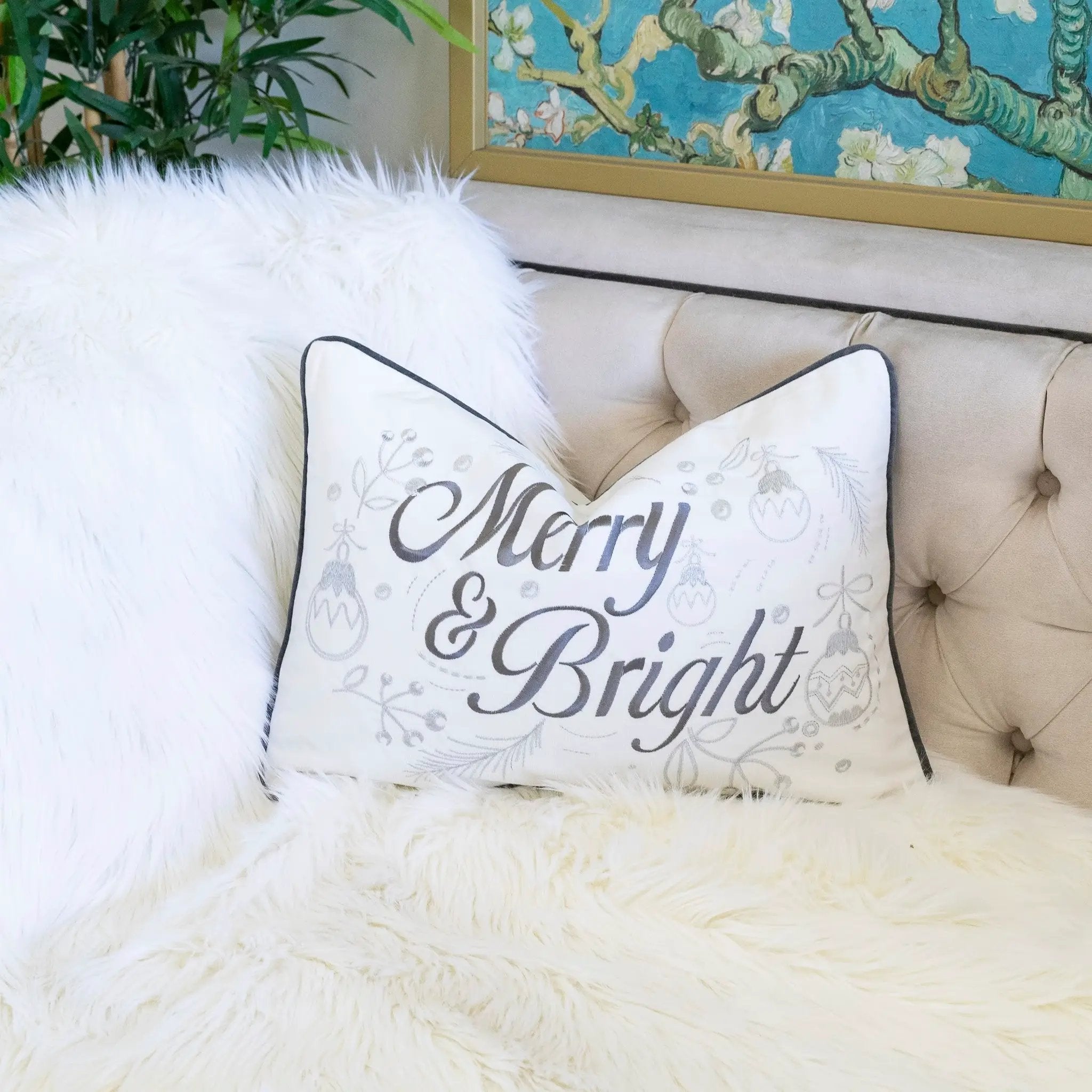 Merry & Bright Christmas Throw Pillow – 14x20 Velvet Lumbar Cushion by HouseOfZazla