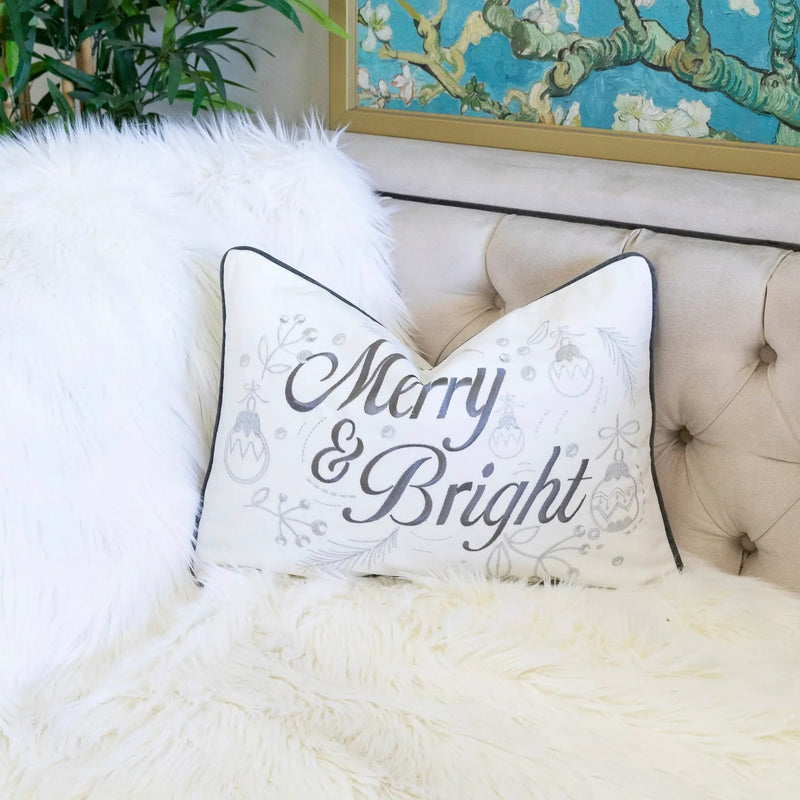 Merry & Bright Christmas Throw Pillow – 14x20 Velvet Lumbar Cushion by HouseOfZazla