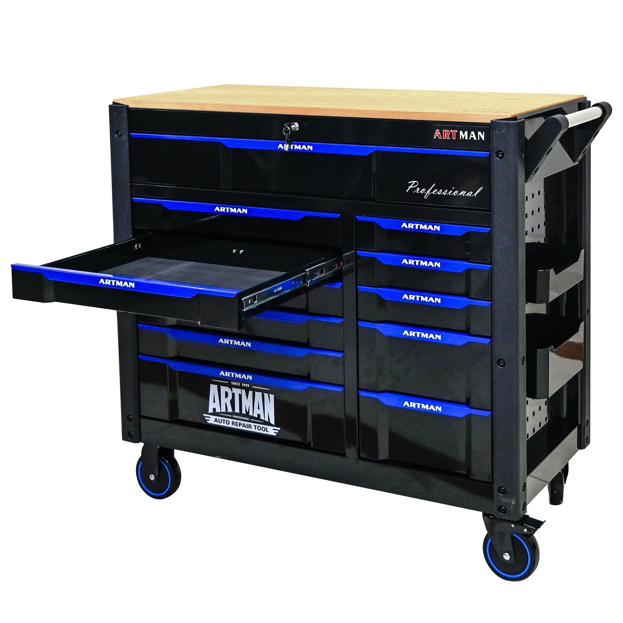 12 Layer Drawer Multi Purpose Tool Cart With Wheels And Wooden Countertops - Black / Blue by HouseOfZazla