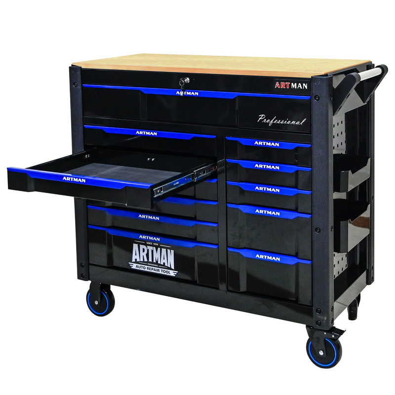 12 Layer Drawer Multi Purpose Tool Cart With Wheels And Wooden Countertops - Black / Blue by HouseOfZazla