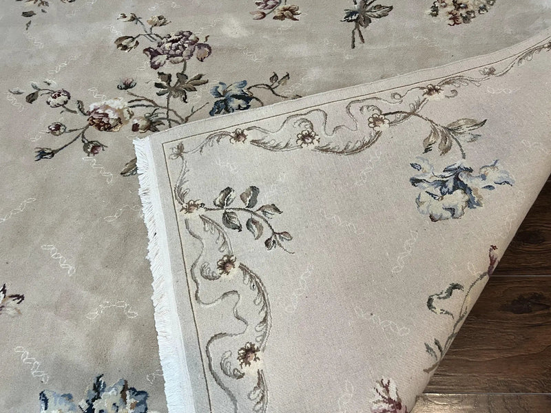 Chinese 120 Line Rug 8x10, Chinese Aubusson Wool & Silk Highlights Handmade Vintage Carpet, Beige Fine Weave Rug, Floral European Design by Jewel Rugs