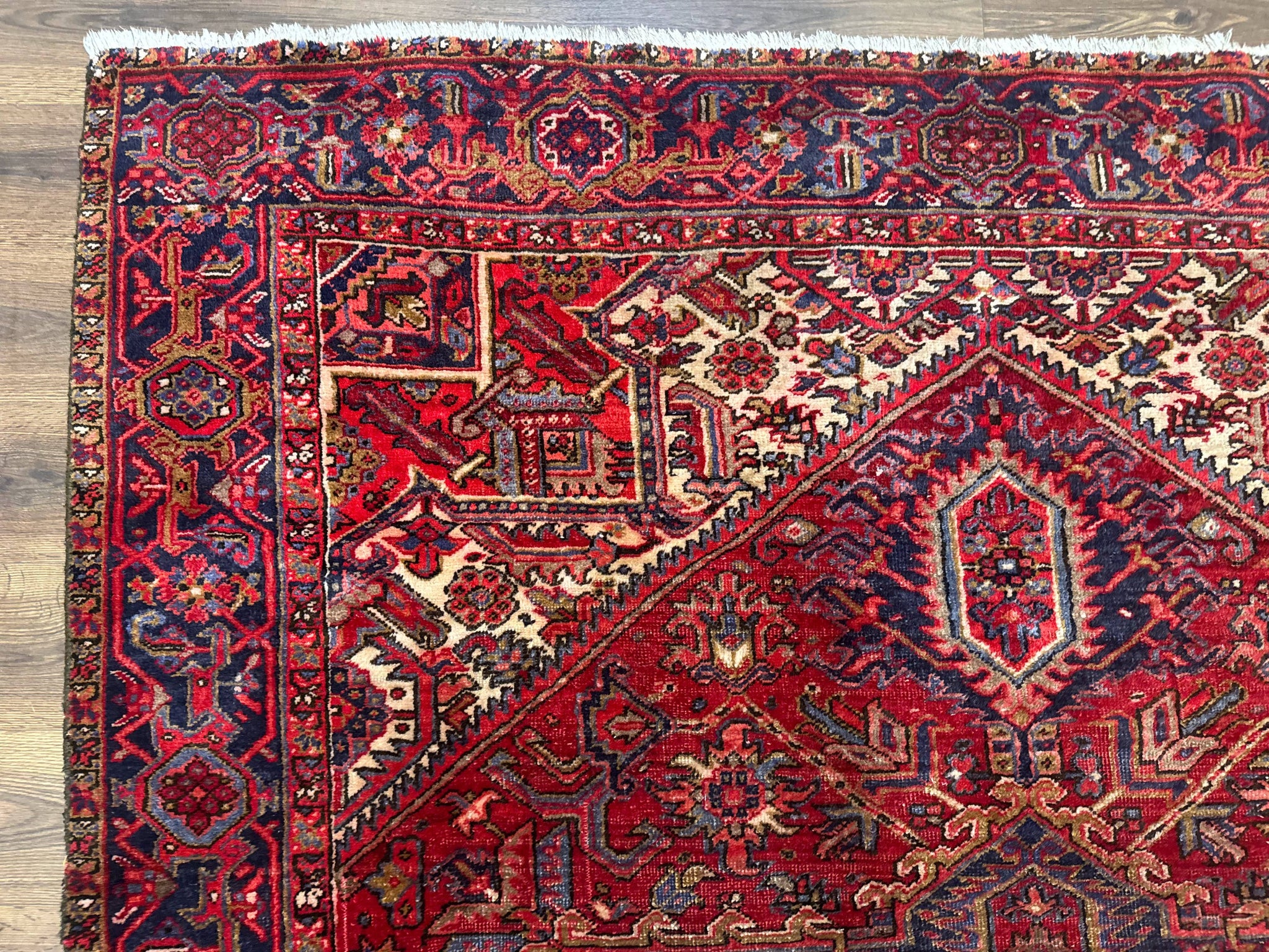 Persian Heriz Rug 7x10, Geometric Pattern, Red Ivory Navy Blue by Jewel Rugs