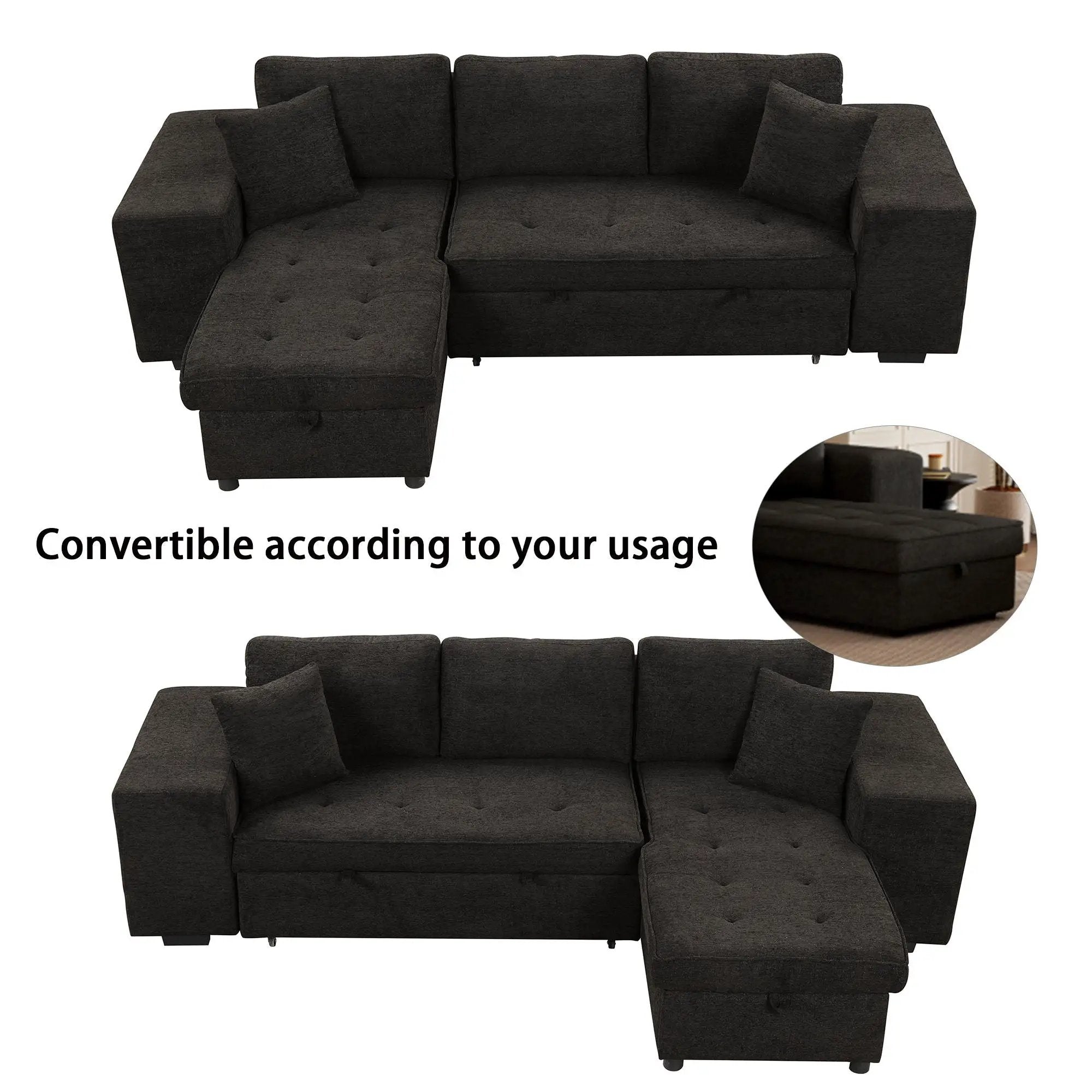 Modern L-Shape 3 Seat Reversible Sectional Couch, Pull Out Sleeper Sofa With Storage Chaise And 2 Stools For Living Room Furniture Set by Unique Piece Furniture