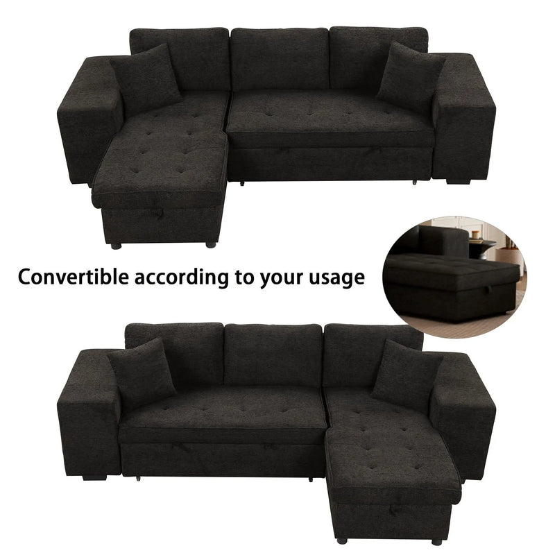 Modern L-Shape 3 Seat Reversible Sectional Couch, Pull Out Sleeper Sofa With Storage Chaise And 2 Stools For Living Room Furniture Set by HouseOfZazla