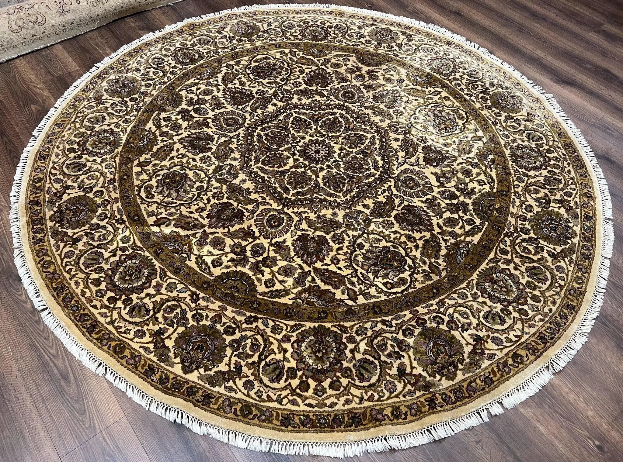 Round Indo Persian Rug 8x8 ft, Large Hand Knotted Vintage Wool Circular Carpet, 8ft Round Oriental Rug, Floral Medallion, Cream and Green by Jewel Rugs