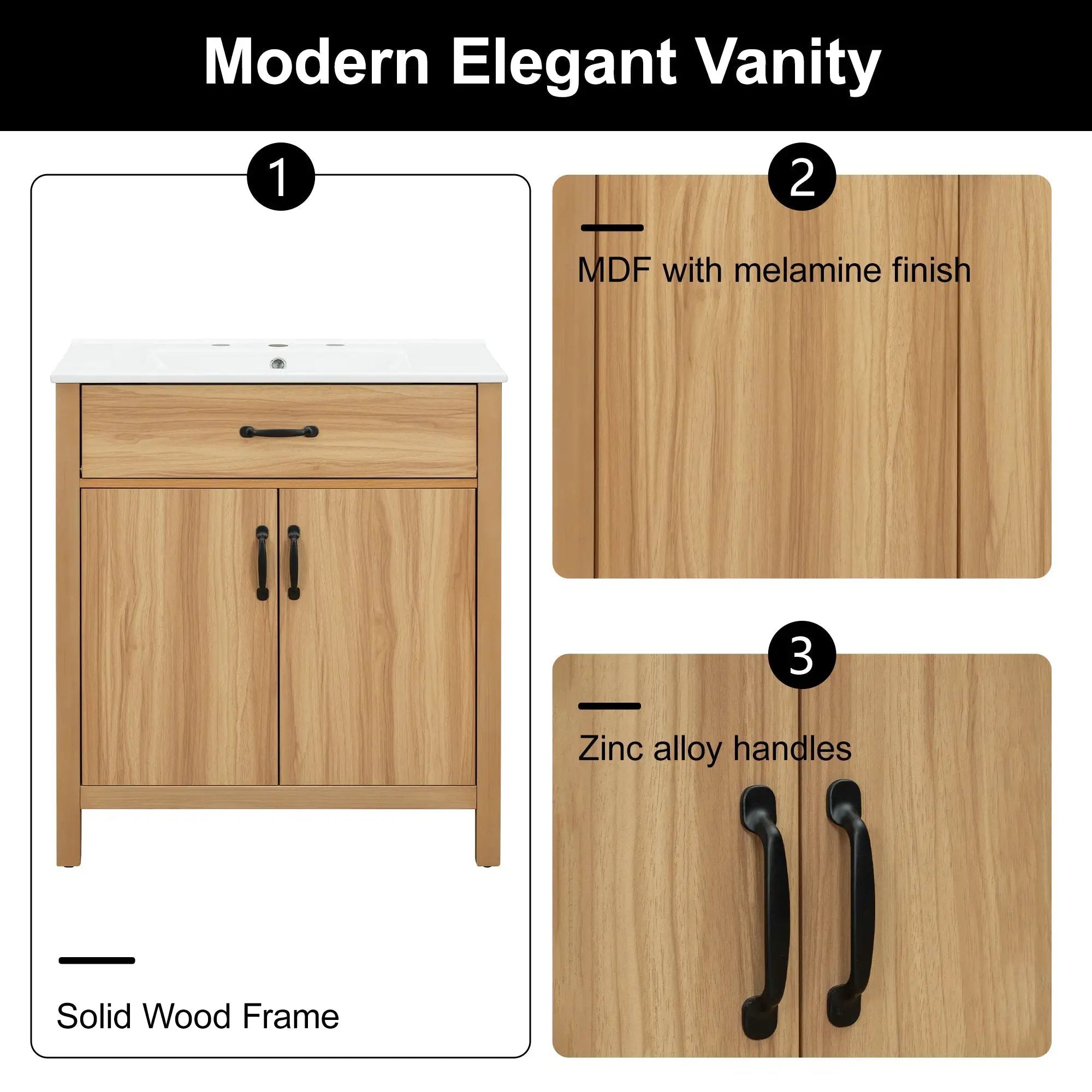 30" Wood Bathroom Vanity with Solid Wood Frame by HouseOfZazla
