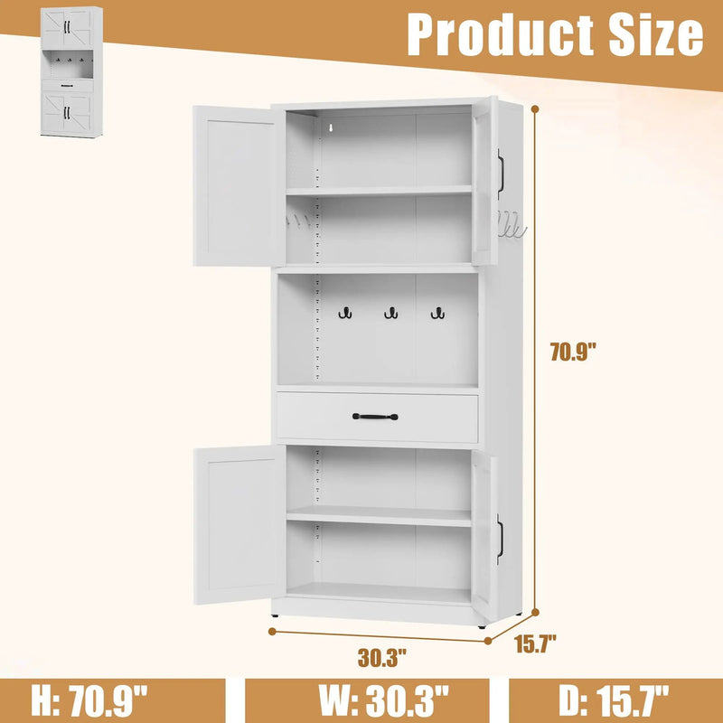 Kitchen Pantry Cabinet With Adjustable Shelves, Drawers, Hooks And Large Countertop - White by Unique Piece Furniture