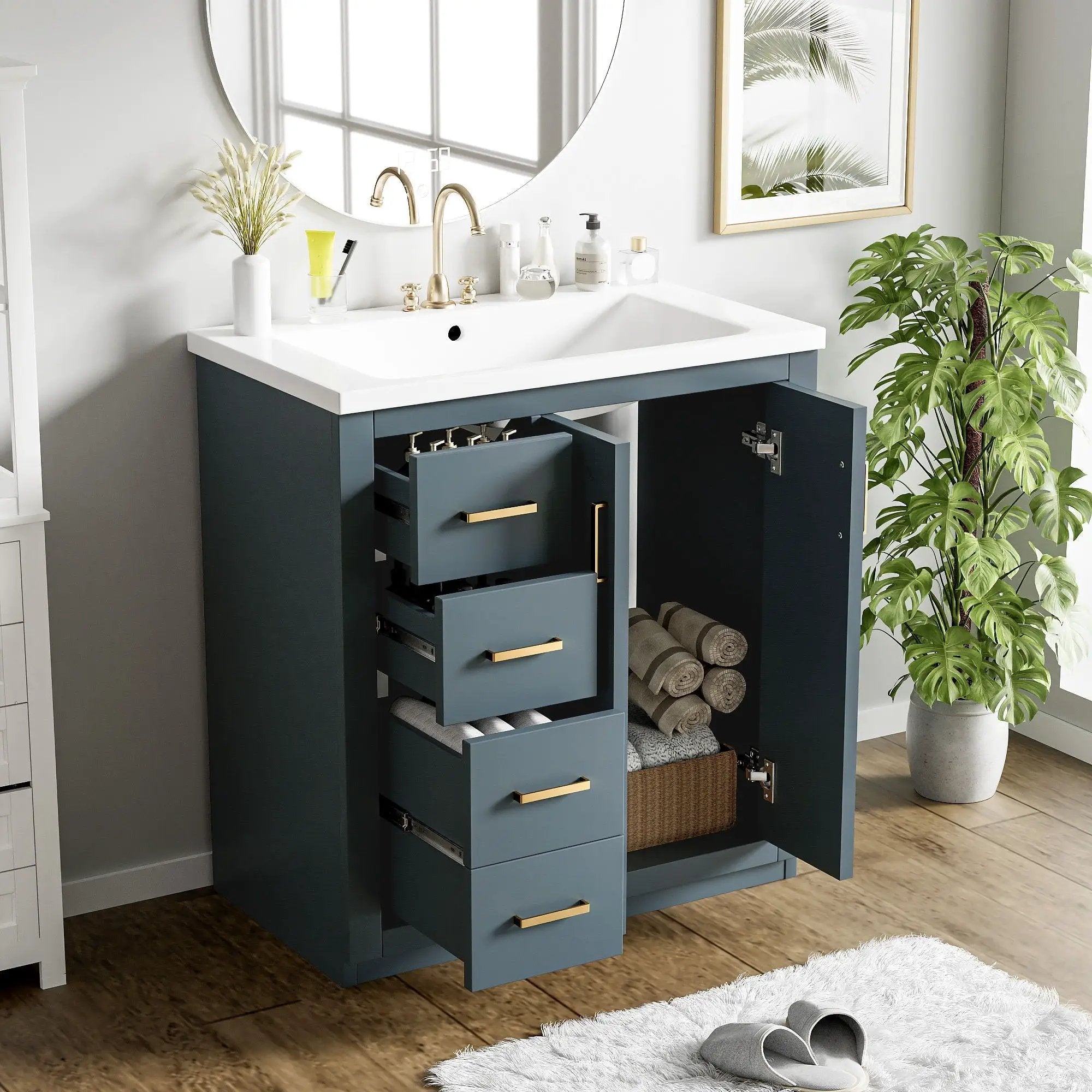 Ceramic Sink Combo, Freestanding Vanity Set With 3 Drawers & Soft Closing Doors by Unique Piece Furniture