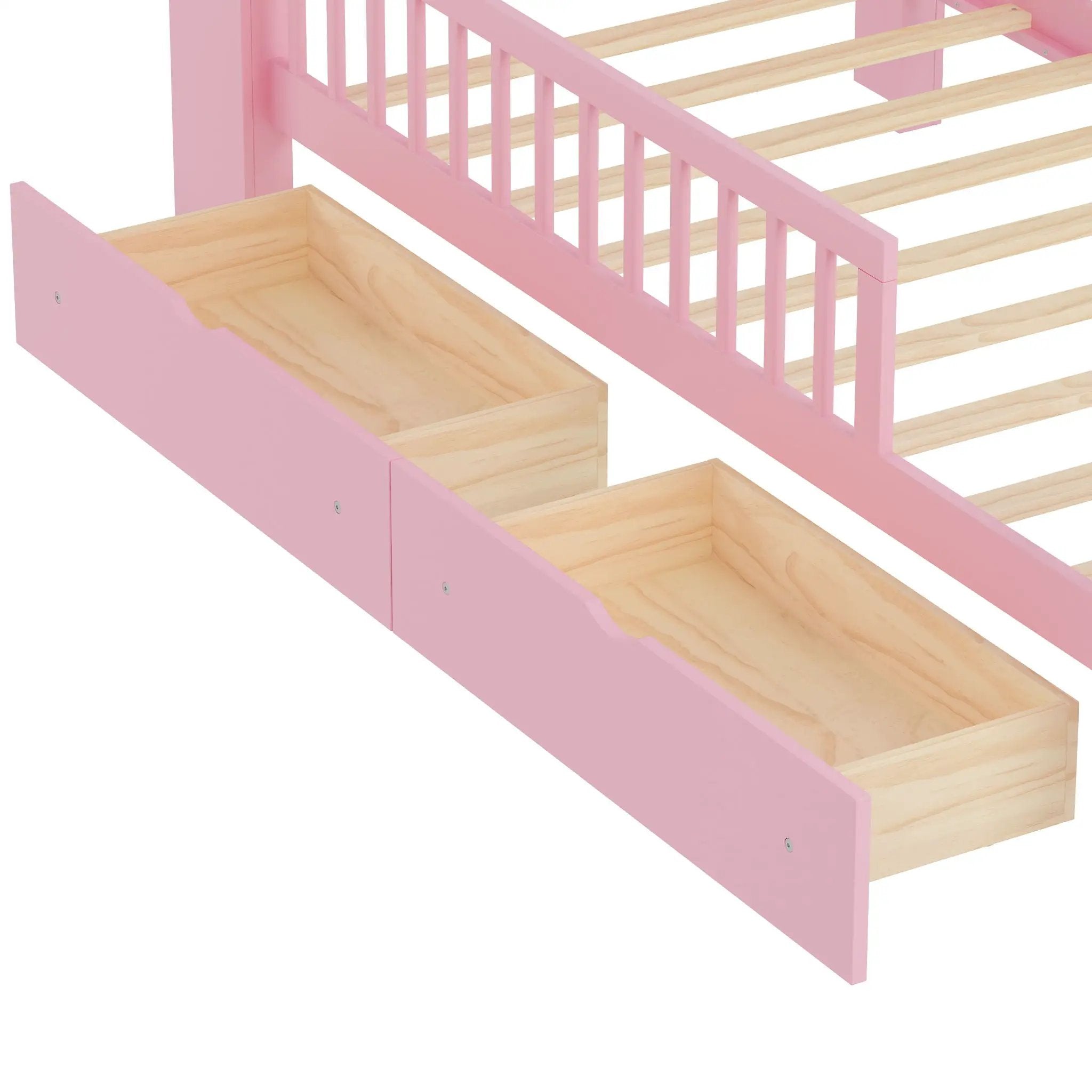 Bed With Headboard Storage Rack, 2 Under Bed Drawers, 3 Side Guardrails For Safety by HouseOfZazla