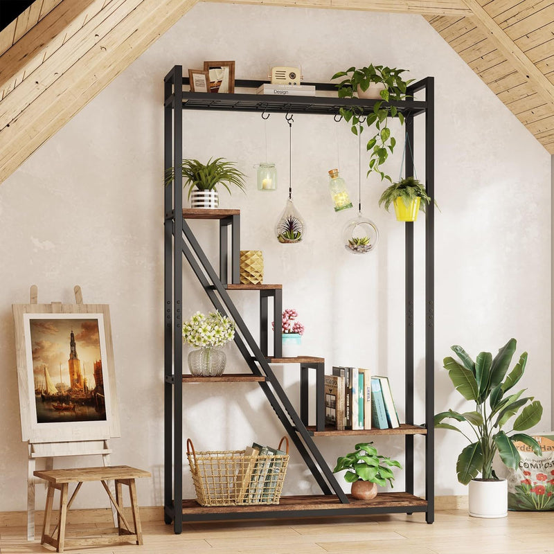 7 Tier Indoor Plant Stand With 5 S-Hooks - Brown / Black by HouseOfZazla
