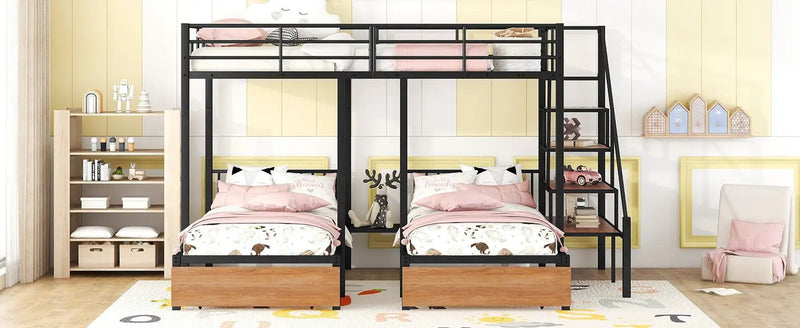Full Over Twin-Twin Triple Bunk Bed With Drawers And Staircase - Black by HouseOfZazla