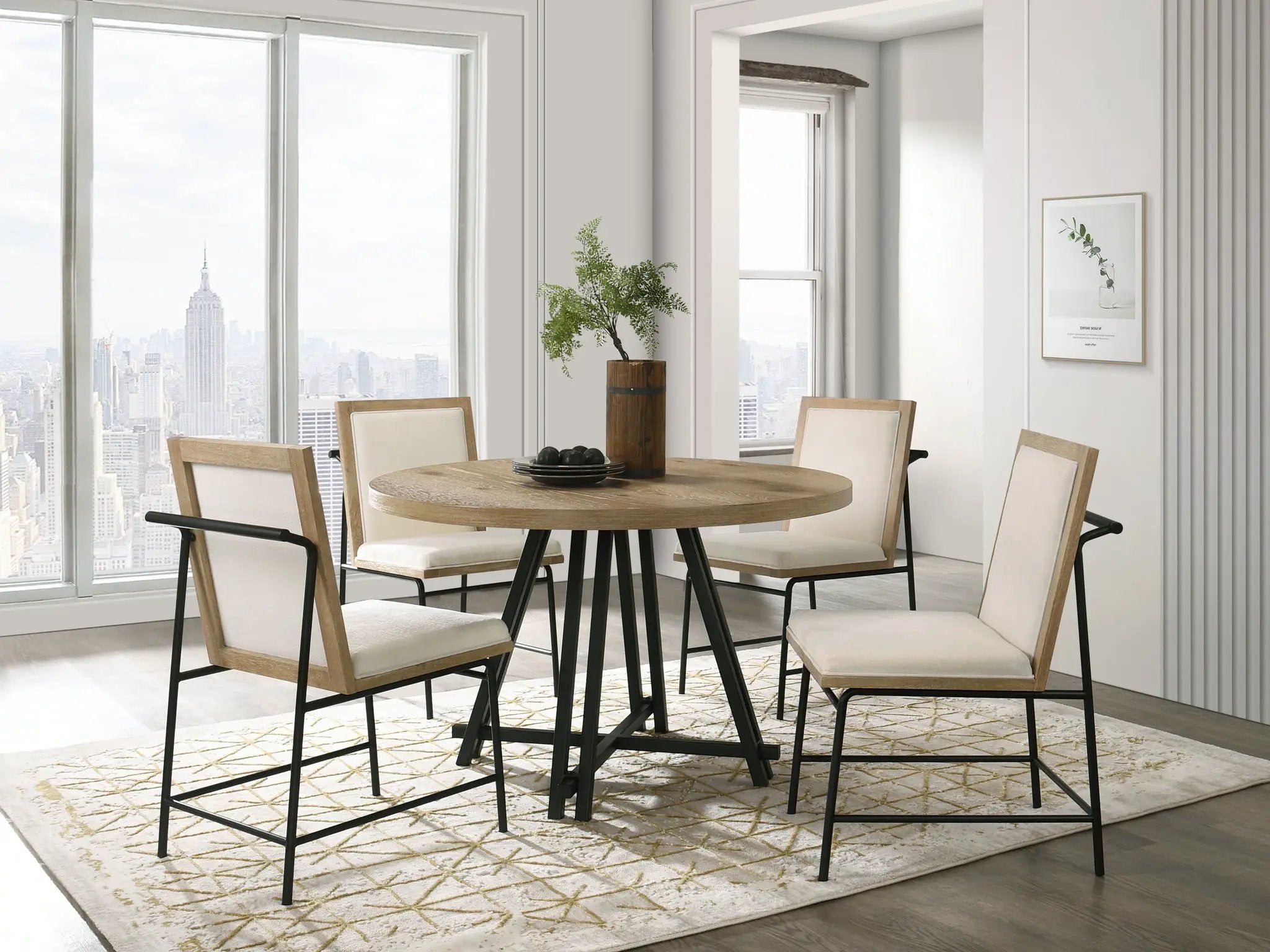 Tate - Round Dining Table With Cream Color Upholstered Chairs (Set of 5) - Oak Finish by HouseOfZazla