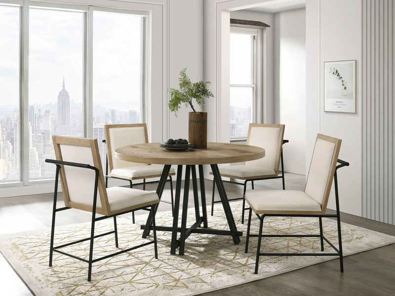 Tate - Round Dining Table With Cream Color Upholstered Chairs (Set of 5) - Oak Finish by HouseOfZazla