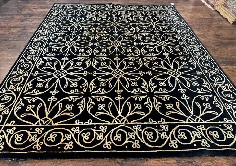 Tibetan Rug 8x10, Wool and Silk, Raised Pattern, Black and Gold, Floral by Jewel Rugs