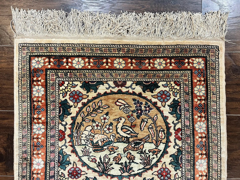 Silk Turkish Rug 2x4, Fine Handmade Oriental Rug, Animal Pictorial Birds Silk Pile on Silk Foundation Vintage Hand Knotted Hereke Carpet by Jewel Rugs