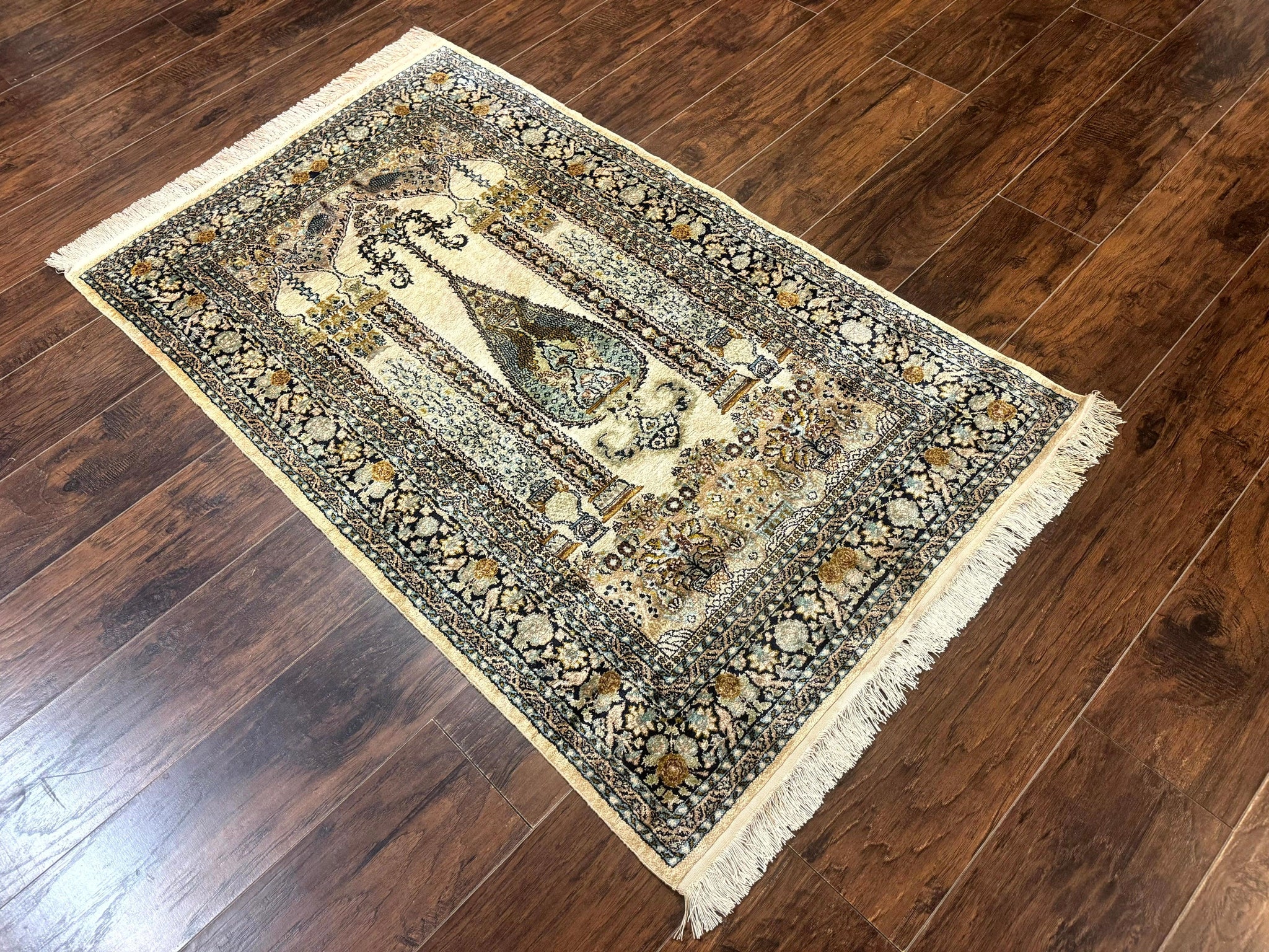 Silk Indian Kashmiri Rug 3x4, Very Fine 400 KPSI, Silk Prayer Rug, Handmade by Jewel Rugs