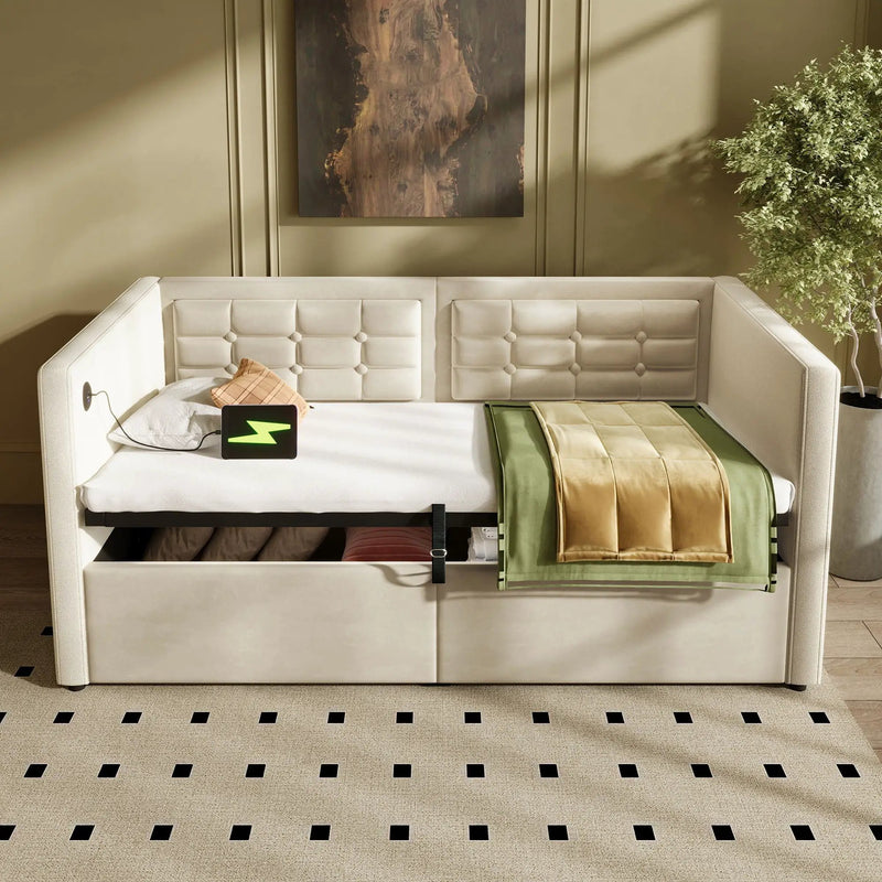 Upholstered Hydraulic Storage Daybed With USB & Type C Charging by HouseOfZazla