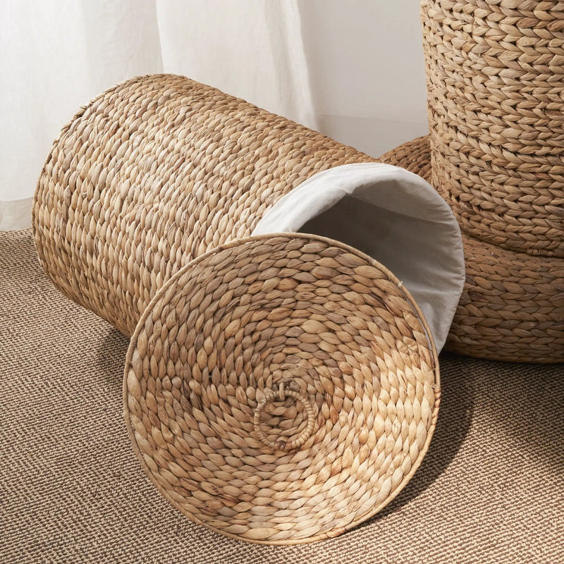Round Tall Water Hyacinth Woven Wicker Laundry Hamper With Lid - For Clothes, Toys And Book Storage With Removable Liner - 15" X 15" X 20" - Natural Brown by HouseOfZazla