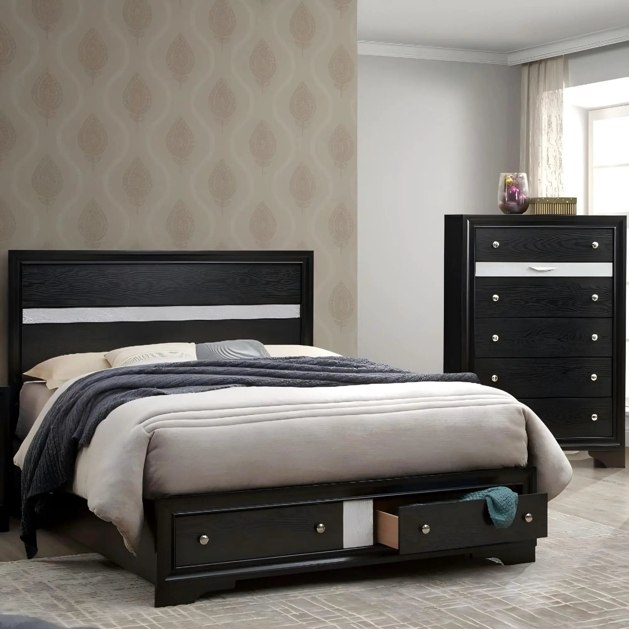 Madrid - Queen Bed With Storage Drawers And Nickel Handles - Black by Unique Piece Furniture