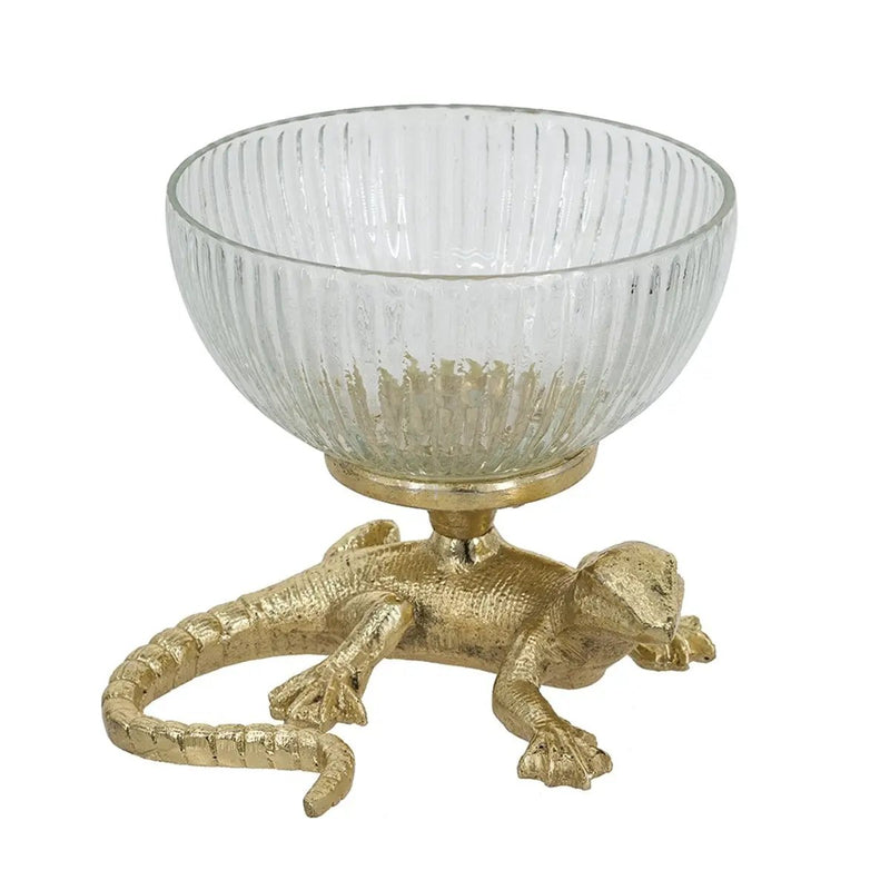 5x5x4.5' Gold Lizard Pedestal Bowl with Ribbed Glass Dish by HouseOfZazla